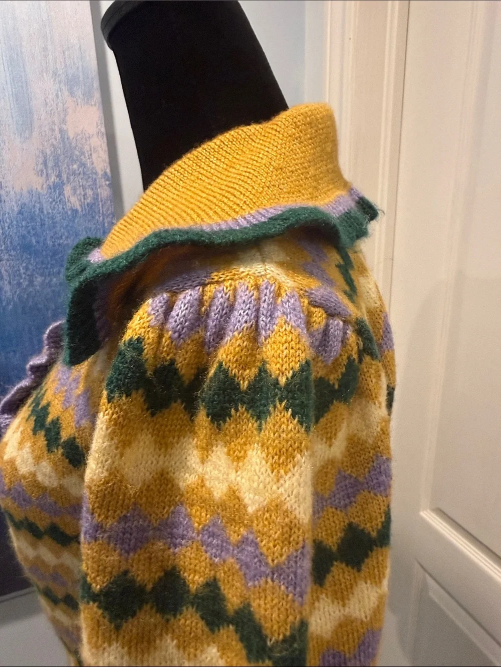 MNG Mustard Yellow Diamond-Pattern Crewneck Sweater with Scalloped Collar - Picture 3 of 5